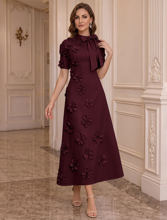 Robe Mère de la Mariée, Ligne A/Princesse, Col Montant, Satin Élastique, avec Fleurs en 3D, Manches Courtes, Longueur du Thé, Noeud Papillon
