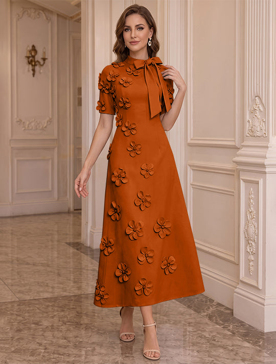 Robe Mère de la Mariée, Ligne A/Princesse, Col Montant, Satin Élastique, avec Fleurs en 3D, Manches Courtes, Longueur du Thé, Noeud Papillon
