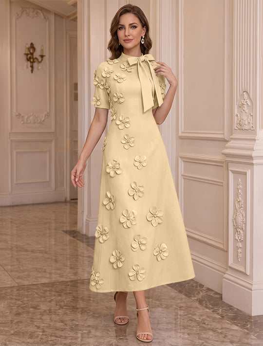 Robe Mère de la Mariée, Ligne A/Princesse, Col Montant, Satin Élastique, avec Fleurs en 3D, Manches Courtes, Longueur du Thé, Noeud Papillon