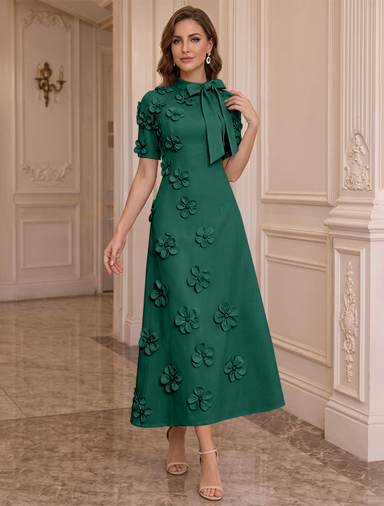 Robe Mère de la Mariée, Ligne A/Princesse, Col Montant, Satin Élastique, avec Fleurs en 3D, Manches Courtes, Longueur du Thé, Noeud Papillon