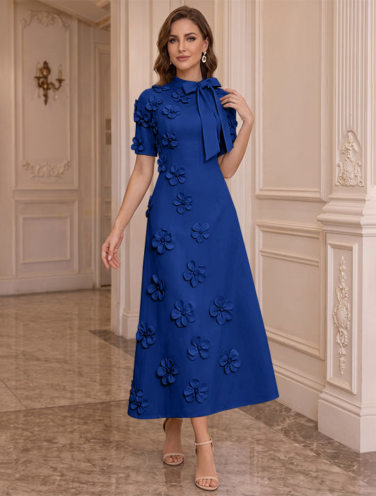 Robe Mère de la Mariée, Ligne A/Princesse, Col Montant, Satin Élastique, avec Fleurs en 3D, Manches Courtes, Longueur du Thé, Noeud Papillon