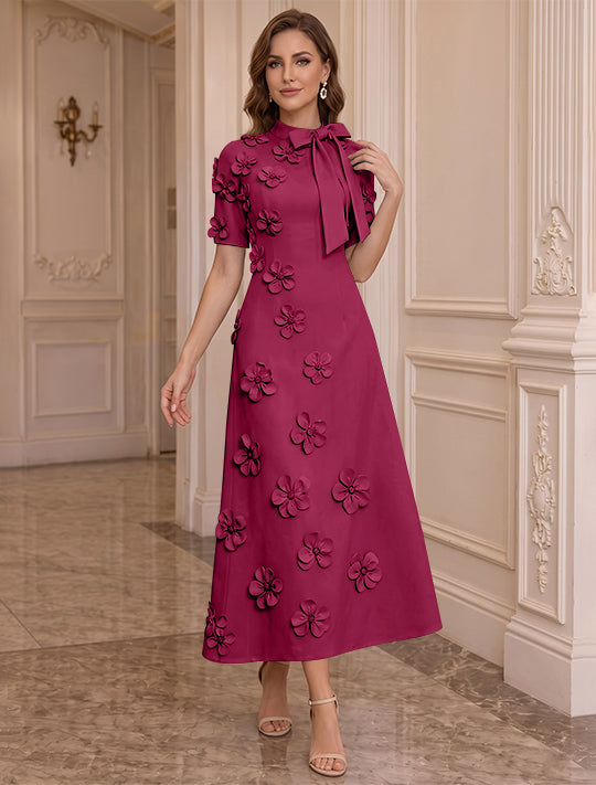 Robe Mère de la Mariée, Ligne A/Princesse, Col Montant, Satin Élastique, avec Fleurs en 3D, Manches Courtes, Longueur du Thé, Noeud Papillon