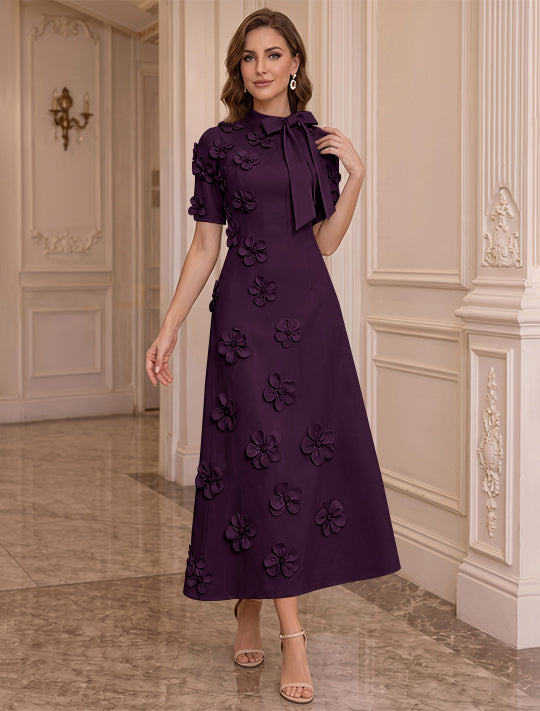 Robe Mère de la Mariée, Ligne A/Princesse, Col Montant, Satin Élastique, avec Fleurs en 3D, Manches Courtes, Longueur du Thé, Noeud Papillon