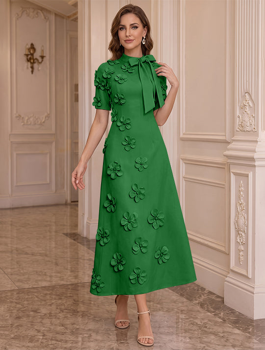 Robe Mère de la Mariée, Ligne A/Princesse, Col Montant, Satin Élastique, avec Fleurs en 3D, Manches Courtes, Longueur du Thé, Noeud Papillon