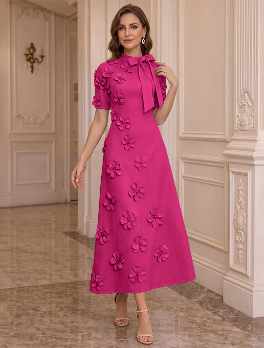 Robe Mère de la Mariée, Ligne A/Princesse, Col Montant, Satin Élastique, avec Fleurs en 3D, Manches Courtes, Longueur du Thé, Noeud Papillon