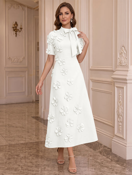 Robe Mère de la Mariée, Ligne A/Princesse, Col Montant, Satin Élastique, avec Fleurs en 3D, Manches Courtes, Longueur du Thé, Noeud Papillon