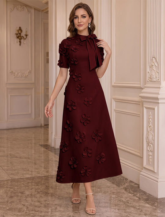 Robe Mère de la Mariée, Ligne A/Princesse, Col Montant, Satin Élastique, avec Fleurs en 3D, Manches Courtes, Longueur du Thé, Noeud Papillon