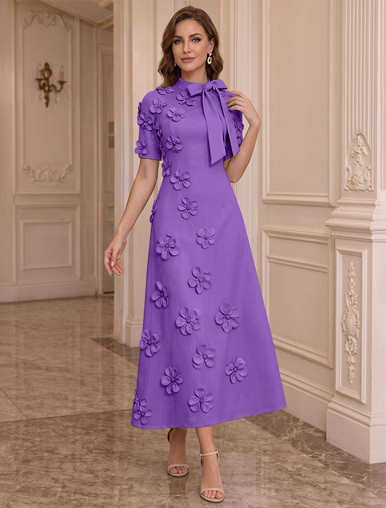 Robe Mère de la Mariée, Ligne A/Princesse, Col Montant, Satin Élastique, avec Fleurs en 3D, Manches Courtes, Longueur du Thé, Noeud Papillon