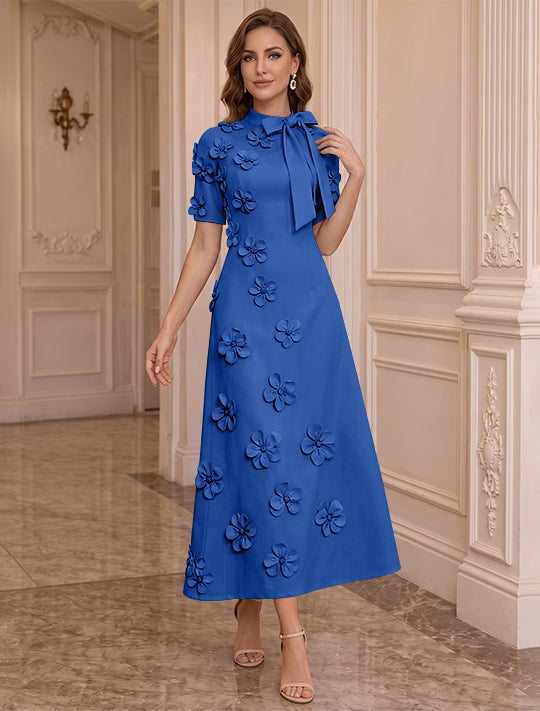 Robe Mère de la Mariée, Ligne A/Princesse, Col Montant, Satin Élastique, avec Fleurs en 3D, Manches Courtes, Longueur du Thé, Noeud Papillon
