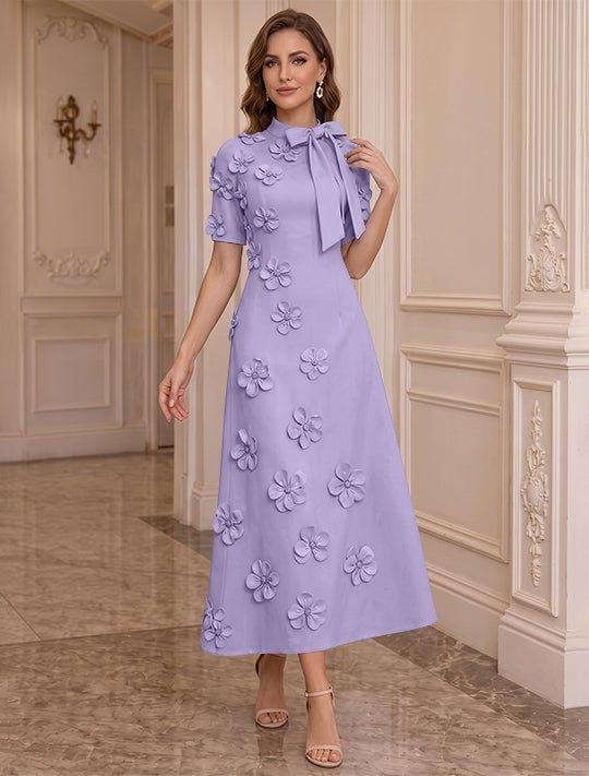 Robe Mère de la Mariée, Ligne A/Princesse, Col Montant, Satin Élastique, avec Fleurs en 3D, Manches Courtes, Longueur du Thé, Noeud Papillon