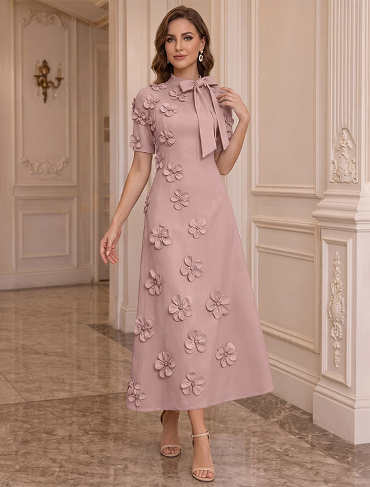 Robe Mère de la Mariée, Ligne A/Princesse, Col Montant, Satin Élastique, avec Fleurs en 3D, Manches Courtes, Longueur du Thé, Noeud Papillon