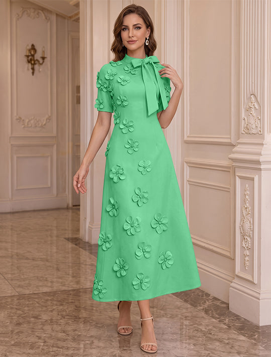 Robe Mère de la Mariée, Ligne A/Princesse, Col Montant, Satin Élastique, avec Fleurs en 3D, Manches Courtes, Longueur du Thé, Noeud Papillon
