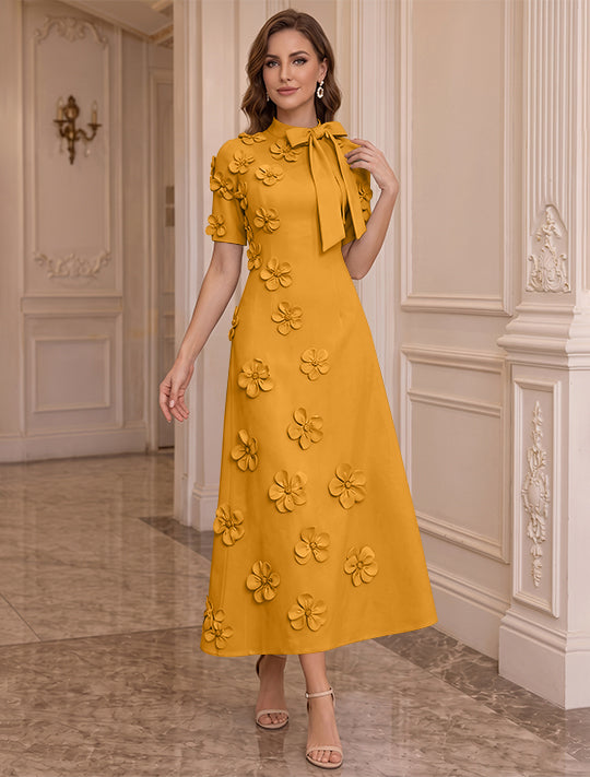 Robe Mère de la Mariée, Ligne A/Princesse, Col Montant, Satin Élastique, avec Fleurs en 3D, Manches Courtes, Longueur du Thé, Noeud Papillon