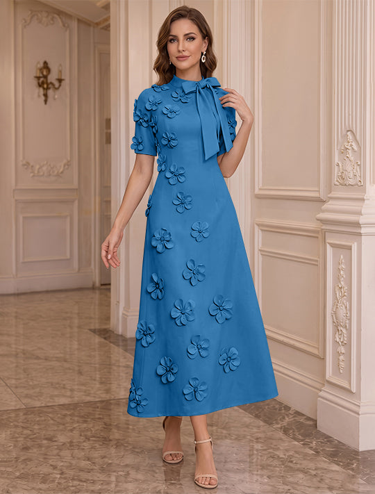 Robe Mère de la Mariée, Ligne A/Princesse, Col Montant, Satin Élastique, avec Fleurs en 3D, Manches Courtes, Longueur du Thé, Noeud Papillon