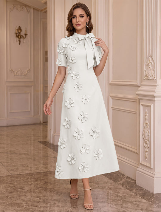 Robe Mère de la Mariée, Ligne A/Princesse, Col Montant, Satin Élastique, avec Fleurs en 3D, Manches Courtes, Longueur du Thé, Noeud Papillon