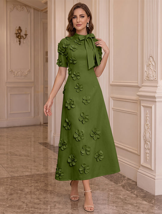 Robe Mère de la Mariée, Ligne A/Princesse, Col Montant, Satin Élastique, avec Fleurs en 3D, Manches Courtes, Longueur du Thé, Noeud Papillon