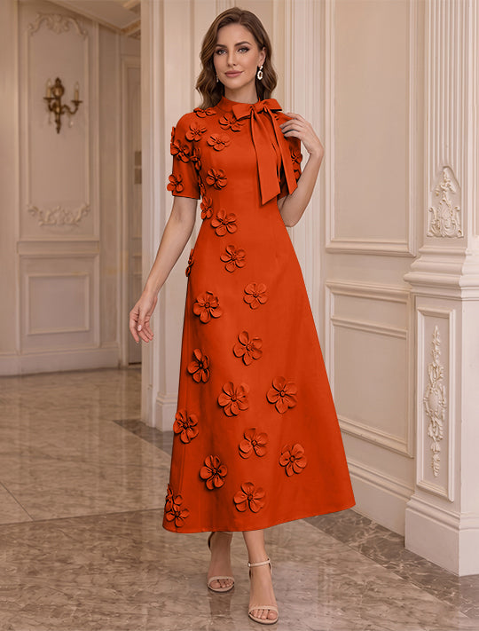 Robe Mère de la Mariée, Ligne A/Princesse, Col Montant, Satin Élastique, avec Fleurs en 3D, Manches Courtes, Longueur du Thé, Noeud Papillon
