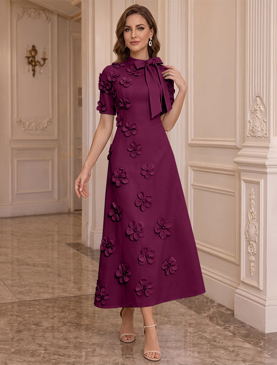 Robe Mère de la Mariée, Ligne A/Princesse, Col Montant, Satin Élastique, avec Fleurs en 3D, Manches Courtes, Longueur du Thé, Noeud Papillon