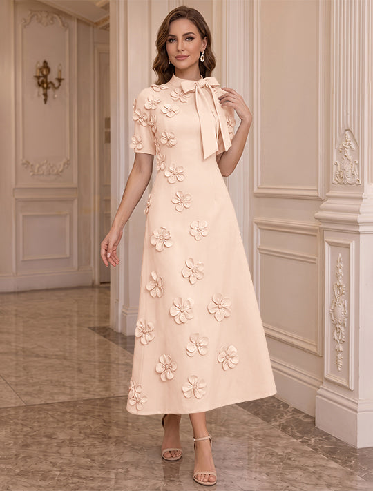 Robe Mère de la Mariée, Ligne A/Princesse, Col Montant, Satin Élastique, avec Fleurs en 3D, Manches Courtes, Longueur du Thé, Noeud Papillon