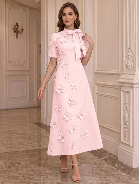 Robe Mère de la Mariée, Ligne A/Princesse, Col Montant, Satin Élastique, avec Fleurs en 3D, Manches Courtes, Longueur du Thé, Noeud Papillon