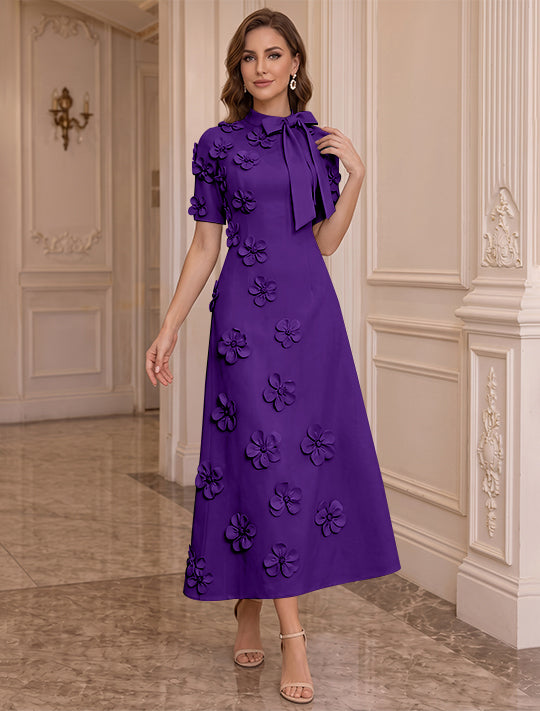 Robe Mère de la Mariée, Ligne A/Princesse, Col Montant, Satin Élastique, avec Fleurs en 3D, Manches Courtes, Longueur du Thé, Noeud Papillon
