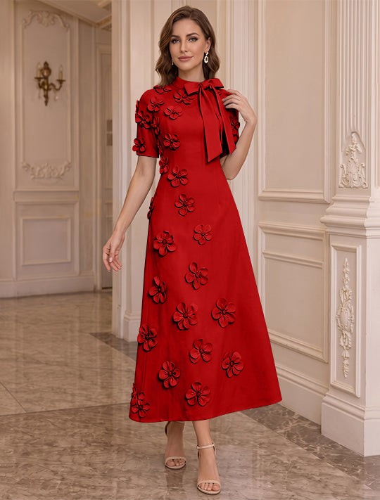 Robe Mère de la Mariée, Ligne A/Princesse, Col Montant, Satin Élastique, avec Fleurs en 3D, Manches Courtes, Longueur du Thé, Noeud Papillon