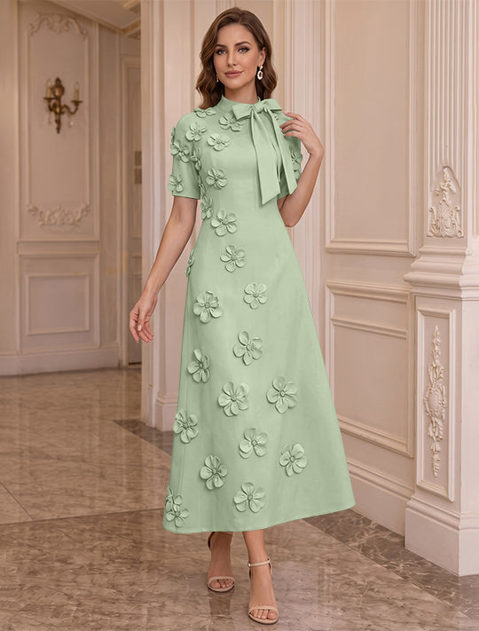 Robe Mère de la Mariée, Ligne A/Princesse, Col Montant, Satin Élastique, avec Fleurs en 3D, Manches Courtes, Longueur du Thé, Noeud Papillon