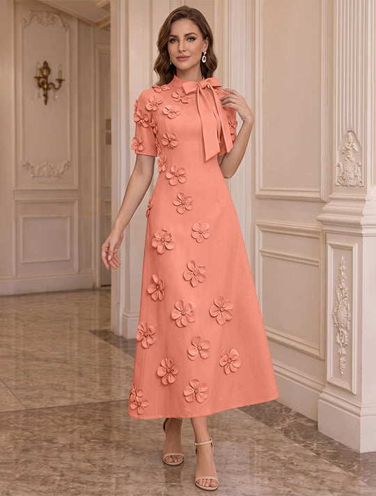 Robe Mère de la Mariée, Ligne A/Princesse, Col Montant, Satin Élastique, avec Fleurs en 3D, Manches Courtes, Longueur du Thé, Noeud Papillon