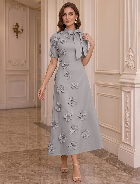 Robe Mère de la Mariée, Ligne A/Princesse, Col Montant, Satin Élastique, avec Fleurs en 3D, Manches Courtes, Longueur du Thé, Noeud Papillon