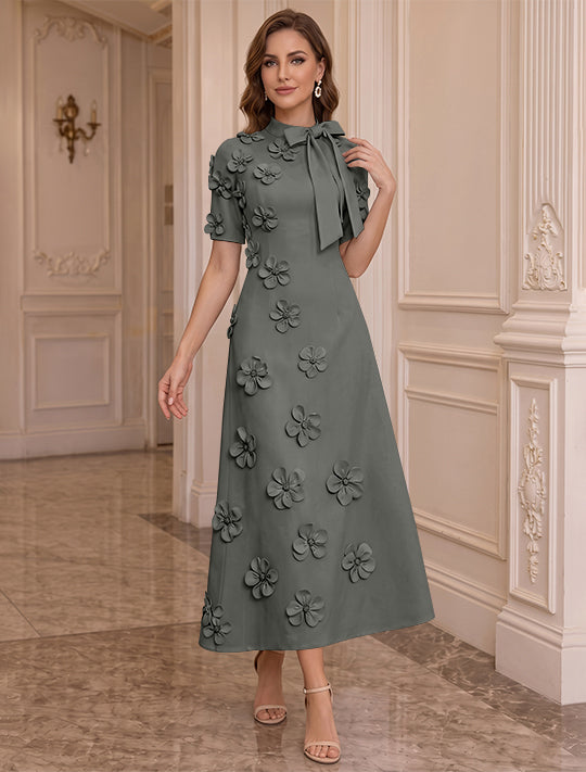 Robe Mère de la Mariée, Ligne A/Princesse, Col Montant, Satin Élastique, avec Fleurs en 3D, Manches Courtes, Longueur du Thé, Noeud Papillon