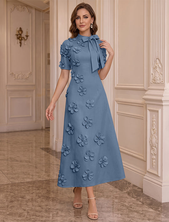 Robe Mère de la Mariée, Ligne A/Princesse, Col Montant, Satin Élastique, avec Fleurs en 3D, Manches Courtes, Longueur du Thé, Noeud Papillon