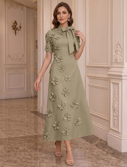 Robe Mère de la Mariée, Ligne A/Princesse, Col Montant, Satin Élastique, avec Fleurs en 3D, Manches Courtes, Longueur du Thé, Noeud Papillon