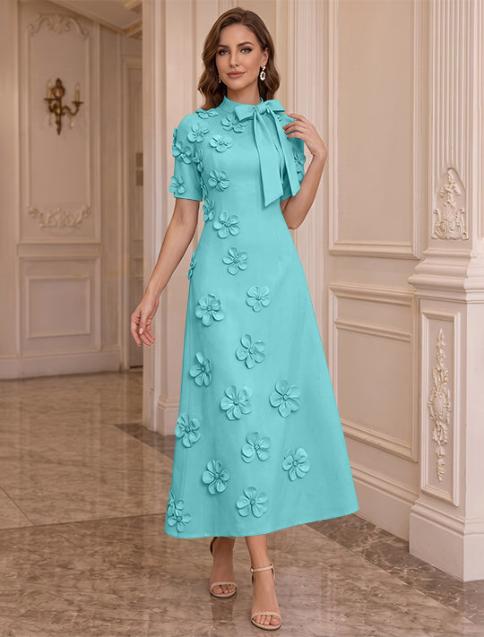 Robe Mère de la Mariée, Ligne A/Princesse, Col Montant, Satin Élastique, avec Fleurs en 3D, Manches Courtes, Longueur du Thé, Noeud Papillon