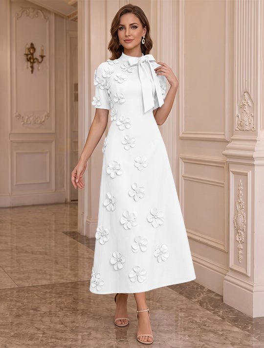 Robe Mère de la Mariée, Ligne A/Princesse, Col Montant, Satin Élastique, avec Fleurs en 3D, Manches Courtes, Longueur du Thé, Noeud Papillon