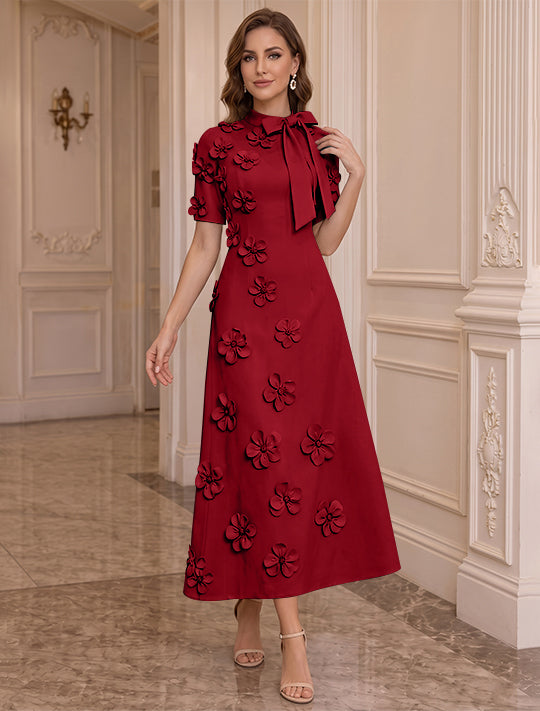 Robe Mère de la Mariée, Ligne A/Princesse, Col Montant, Satin Élastique, avec Fleurs en 3D, Manches Courtes, Longueur du Thé, Noeud Papillon