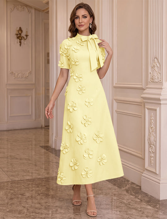 Robe Mère de la Mariée, Ligne A/Princesse, Col Montant, Satin Élastique, avec Fleurs en 3D, Manches Courtes, Longueur du Thé, Noeud Papillon