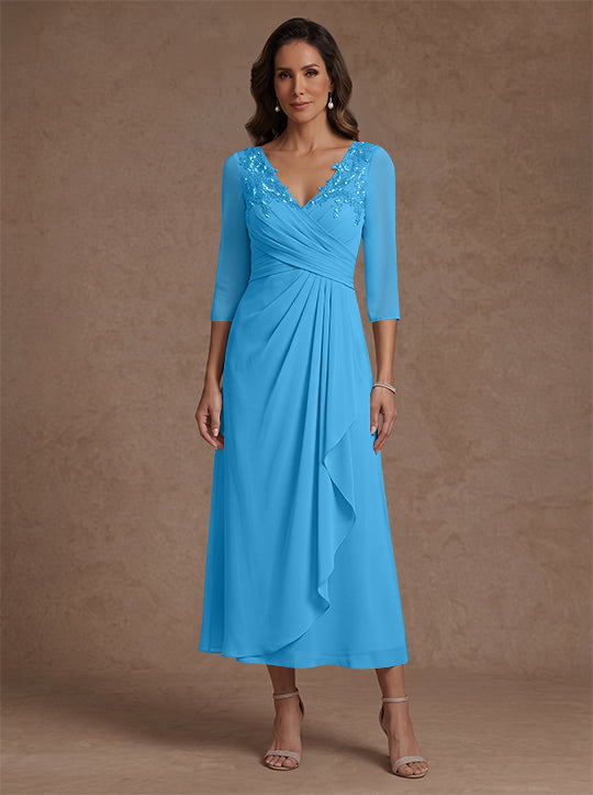 Robe mère de la mariée, Ligne A/Princesse, Col en V, Mousseline, Manches 3/4, Dentelle, Longueur du Thé, avec Plis