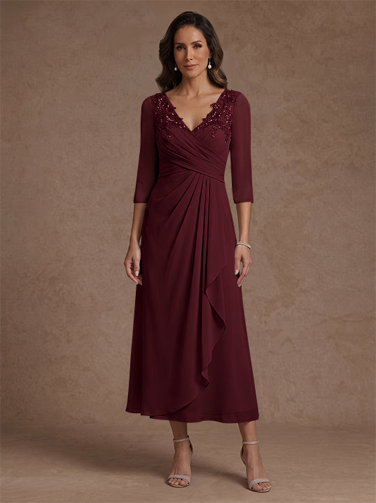 Robe mère de la mariée, Ligne A/Princesse, Col en V, Mousseline, Manches 3/4, Dentelle, Longueur du Thé, avec Plis