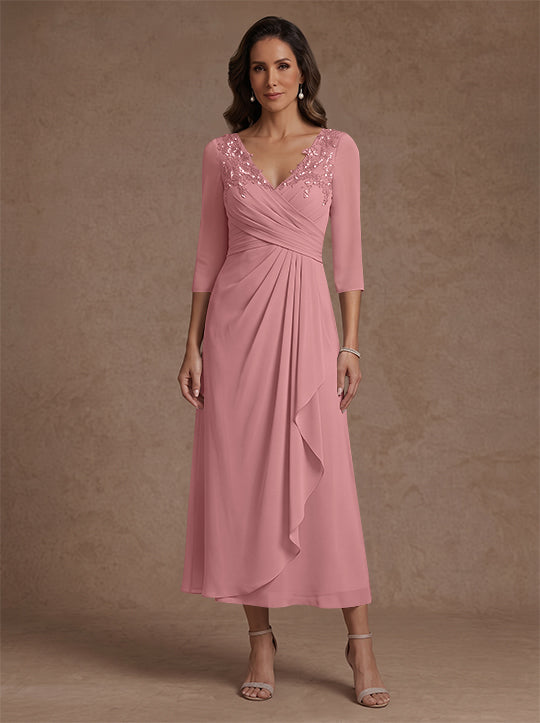 Robe mère de la mariée, Ligne A/Princesse, Col en V, Mousseline, Manches 3/4, Dentelle, Longueur du Thé, avec Plis