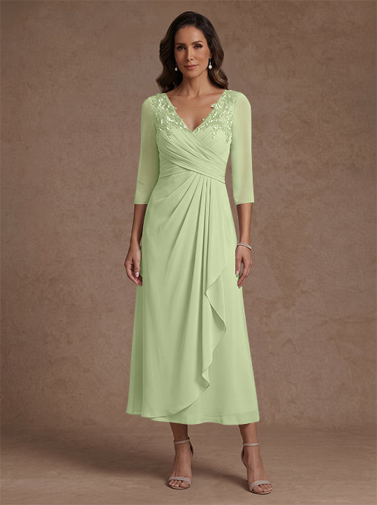 Robe mère de la mariée, Ligne A/Princesse, Col en V, Mousseline, Manches 3/4, Dentelle, Longueur du Thé, avec Plis