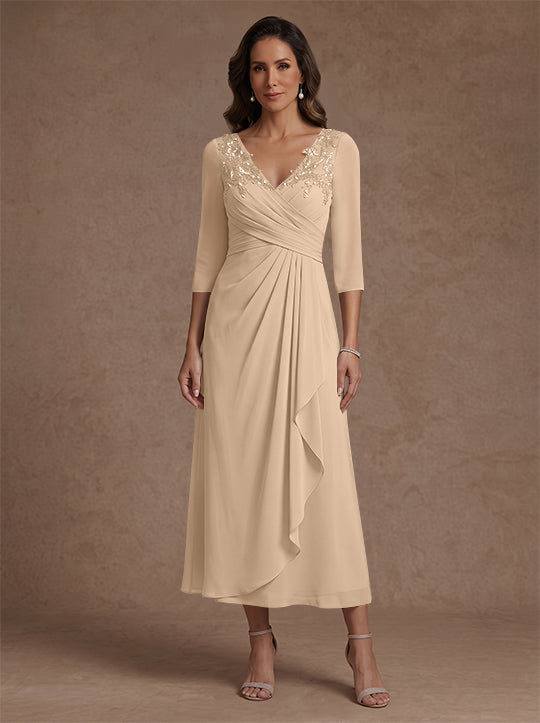 Robe mère de la mariée, Ligne A/Princesse, Col en V, Mousseline, Manches 3/4, Dentelle, Longueur du Thé, avec Plis