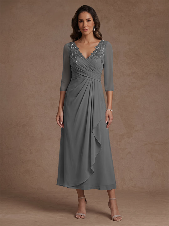 Robe mère de la mariée, Ligne A/Princesse, Col en V, Mousseline, Manches 3/4, Dentelle, Longueur du Thé, avec Plis
