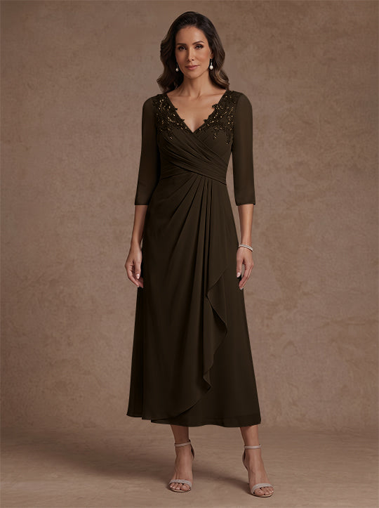 Robe mère de la mariée, Ligne A/Princesse, Col en V, Mousseline, Manches 3/4, Dentelle, Longueur du Thé, avec Plis