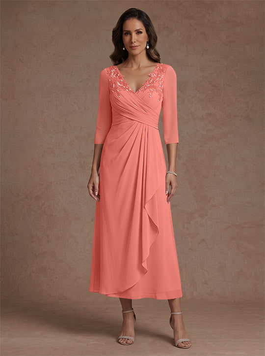 Robe mère de la mariée, Ligne A/Princesse, Col en V, Mousseline, Manches 3/4, Dentelle, Longueur du Thé, avec Plis
