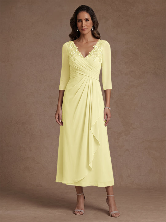 Robe mère de la mariée, Ligne A/Princesse, Col en V, Mousseline, Manches 3/4, Dentelle, Longueur du Thé, avec Plis