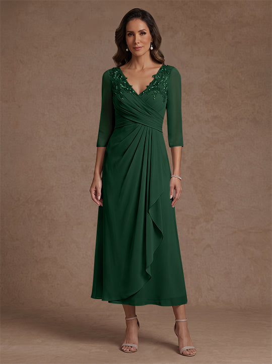 Robe mère de la mariée, Ligne A/Princesse, Col en V, Mousseline, Manches 3/4, Dentelle, Longueur du Thé, avec Plis