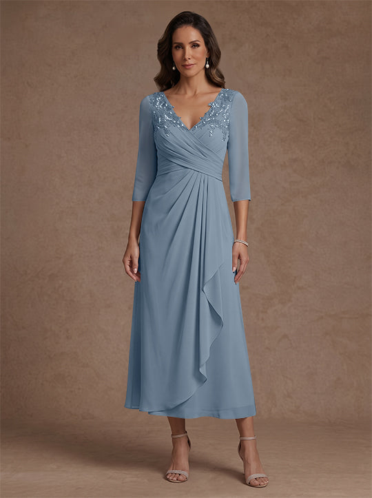 Robe mère de la mariée, Ligne A/Princesse, Col en V, Mousseline, Manches 3/4, Dentelle, Longueur du Thé, avec Plis