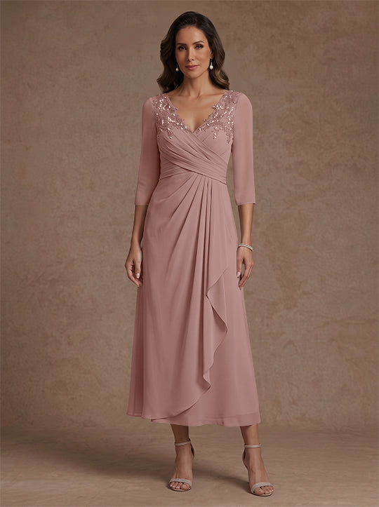 Robe mère de la mariée, Ligne A/Princesse, Col en V, Mousseline, Manches 3/4, Dentelle, Longueur du Thé, avec Plis