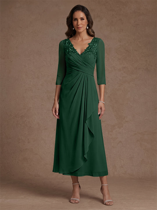 Robe mère de la mariée, Ligne A/Princesse, Col en V, Mousseline, Manches 3/4, Dentelle, Longueur du Thé, avec Plis