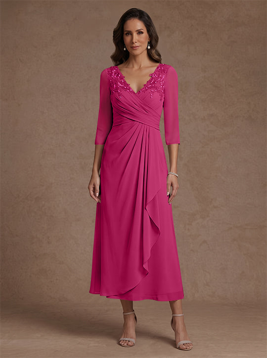 Robe mère de la mariée, Ligne A/Princesse, Col en V, Mousseline, Manches 3/4, Dentelle, Longueur du Thé, avec Plis